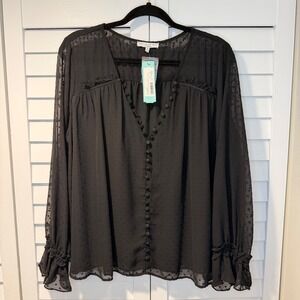 Current Air Leonora Clip Dot Bell Sleeve Blouse Black‎ XL Button Front Sheer New